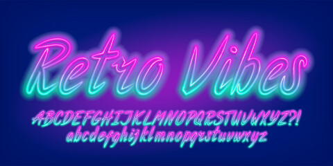 Poster - Retro Vibes alphabet font. Bright neon uppercase and lowercase letters. Stock vector typescript for your design.