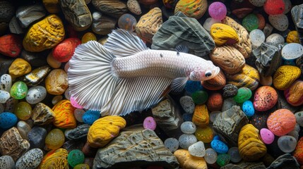 Poster - A Betta fish resting on a bed of colorful gravel, its serene posture and vibrant colors creating a captivating focal point in any aquarium.