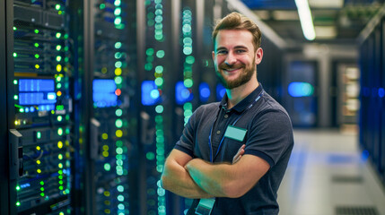 Poster - Happy IT Professional at Data Center. Generative ai