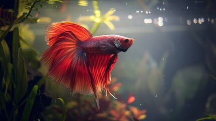 Poster - A Betta fish swimming gracefully in a tank illuminated by soft, ambient lighting, creating a serene and enchanting underwater scene.