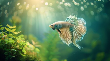 Poster - A Betta fish swimming gracefully in a tank illuminated by soft, ambient lighting, creating a serene and enchanting underwater scene.