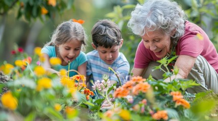 grandmother with children exploring a garden, learning about nature together, perfect for family bon