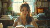 Fototapeta Konie - woman reading a book in cafe