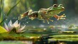 A frog leaping gracefully from one lily pad to another, its powerful legs propelling it through the air with effortless grace.
