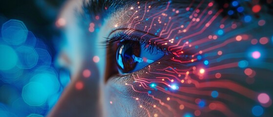 Close-up of a Chinese man with a digital computer circuit board design in his eye that is colourful and bright for those with modern vision.