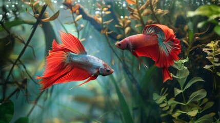 Poster - A pair of Betta fish in a tranquil aquatic scene, their serene presence adding a touch of tranquility to any environment.