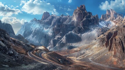 Poster - A panoramic shot of a scenic mountain highway, surrounded by towering peaks and winding its way through rugged terrain.