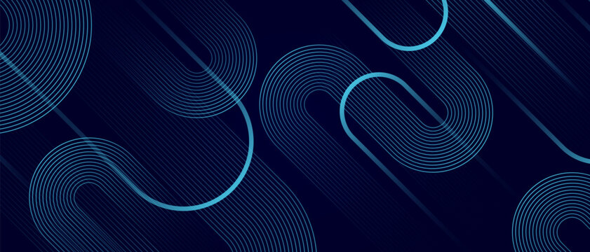 Abstract multiple light blue geometric stripe line curves on dark blue background. Futuristic technology concept. Graphic design element banner for decoration. Vector illustration.