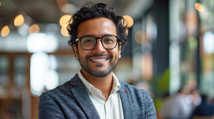 Wall Mural - Successful Indian businessman in casual suit and glasses smiles kindly at the camera in a bright office