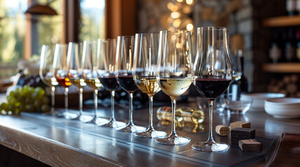 An elegant wine tasting set-up with a selection of stemmed glasses filled with different varietals of red and white wines, accompanied by tasting notes and palate cleansers,
