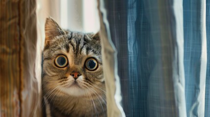 Poster - A round-faced cat peeking out from behind a curtain, its curious expression hinting at its eagerness to explore for food.