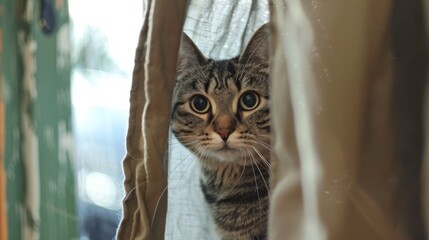 Poster - A round-faced cat peeking out from behind a curtain, its curious expression hinting at its eagerness to explore for food.