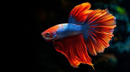 Poster - A vibrant Betta fish swimming gracefully in a glass aquarium, its flowing fins and iridescent scales catching the light with stunning beauty.