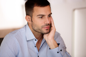 Aufkleber - Businessman, thinking and computer work in home office for start up company, freelance and software designer. Online, communication and brainstorming in house for plan, project and website developing