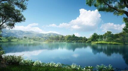 Aufkleber - An expansive reservoir framed by lush greenery, its tranquil surface reflecting the surrounding landscape, offering a serene vista.