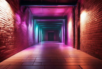 Poster - 'glow rays neon walls brick light corridor empty background abstract blue texture pattern purple design wallpaper technology art pink grunge bright illustration gradient violet colours digital'