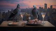 Elegant pigeons perched on a rooftop against a city skyline backdrop, sipping from miniature cocktail glasses.