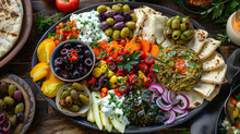 A Colorful Mezze Platter Featuring An Array Of Mediterranean-inspired Appetizers Such As Hummus, Tzatziki, Falafel, Stuffed Grape Leaves, Olives, And Roasted Vegetables, Served With Warm Pita Bread,