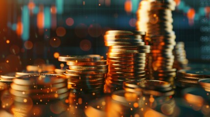 Poster - Stack of gold money coin with trading graph, financial investment concept can be use as background