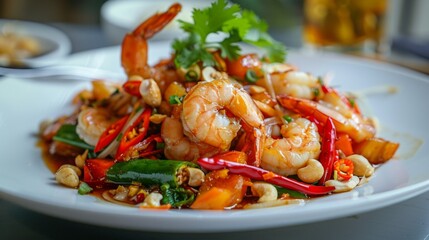 Sticker - Stir fried crispy shrimp with cashew nuts and sweet pepper in white plate.Thai food not spicy.