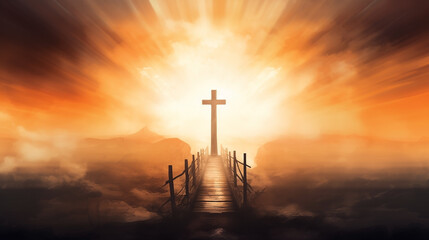 Wall Mural - Against the holy backdrop of sky, the silhouette of cross serves as a bridge between man and God, embodying religious symbolism of Jesus Christ for Christian believers. religion, cross, god, bridge.