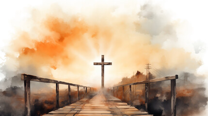 Wall Mural - Against the holy backdrop of sky, the silhouette of cross serves as a bridge between man and God, embodying religious symbolism of Jesus Christ for Christian believers. religion, cross, god, bridge.