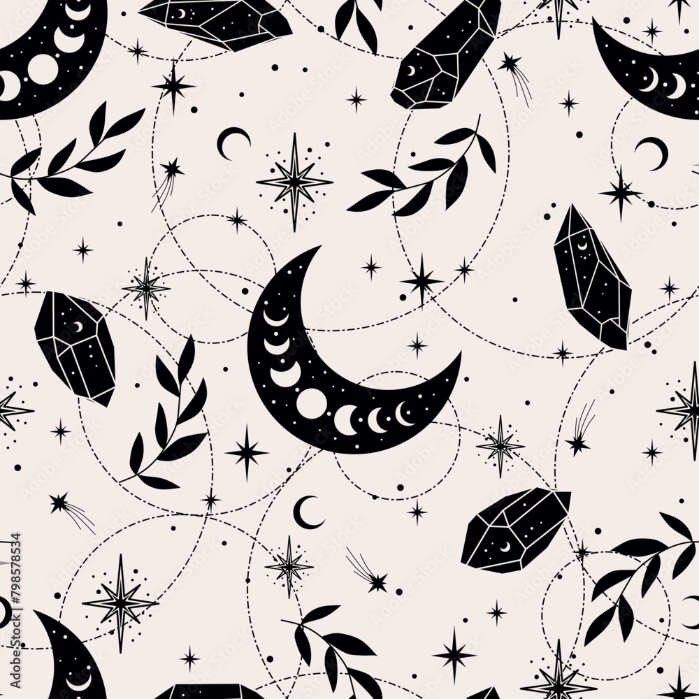 Vector magic seamless pattern with crystals, moon, plants and stars ...