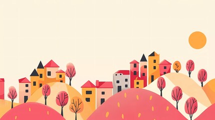 Wall Mural - Vector illustration in simple minimal geometric flat style - city landscape with buildings, hills and trees - abstract horizontal banner and background with copy space for text