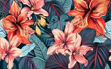 Beautiful hand drawn abstract background with amaryllis flowers and bright leaves.