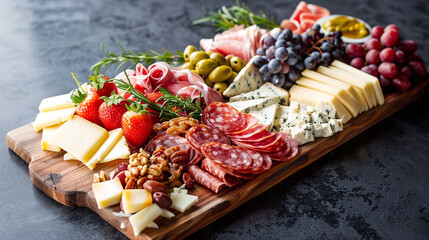 A beautifully arranged charcuterie board featuring a variety of artisanal cheeses, cured meats, fresh fruits, and nuts, perfect for a sophisticated evening gathering or wine tasting event.
