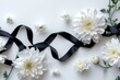 © Photographics - beautiful chrysanthemum flowers and black ribbon on white background, condolence card with copy space for text, Generative AI