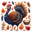 A vibrantly colored turkey illustration surrounded by autumn leaves and a basket of harvest, symbolizing Thanksgiving celebration.