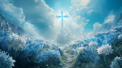 Wall Mural - Garden of God: The Majestic Crystal Cross Shining in Blue and White