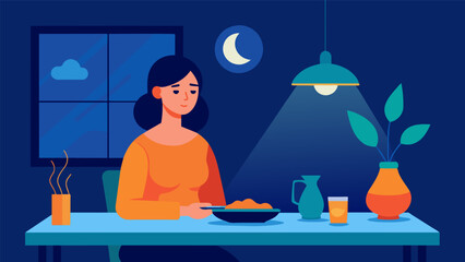 Wall Mural - A woman sits at her dinner table her mind at ease as she mentally adjusts the lighting and temperature in the room with just a few simple thoughts..