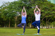 © Akarawut - Senior asian man is practicing balance yoga in one leg standing while his daughter is supporting at the public park for elder longevity exercise and outdoor workout