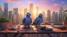 Stylish Urban Pigeons Enjoying Mocktail Hour On A Trendy Outdoor Terrace, With Skyscrapers Towering In The Background.