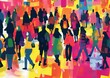 Colorful Urban Crowd Illustration with Abstract People Silhouettes