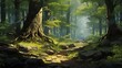 Tranquil forest scenery wallpaper, with towering trees, dappled sunlight, and a sense of natural tranquility.