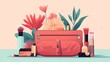 Vector illustration of a stylish makeup bag filled with essential beauty products and accessories.