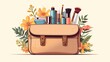 Vector illustration of a stylish makeup bag filled with essential beauty products and accessories.