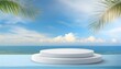 Coastal Charm: 3D Podium Display Set Against Palm Leaves, Clouds, and Blue Sky Vector Backdrop for Summer Product Showcase