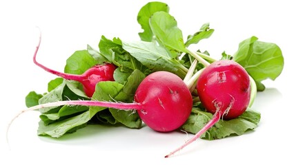 Close up of vibrant red radishes on a white background