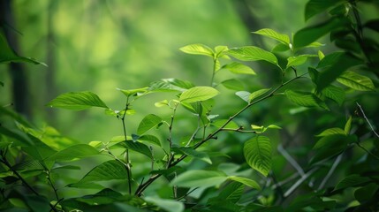 Sticker - Close up view of green foliage and tree limbs with tiny insect in natural setting