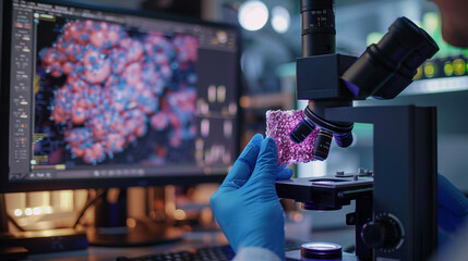 Scientist  holding parafin human tissue block and out of focus modern microscope with digital camera and computer monitor show glandular image.Medical patholology and cytologytechnology concept.