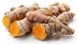Fresh turmeric roots with slices isolated on white background, Fresh turmeric root falling in the air isolated on white background. Food levitation conception. High resolution image. ai generated 