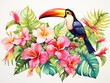 A vibrant watercolor illustration of a colorful toucan perched on a branch amidst lush tropical hibiscus flowers and greenery.