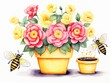 Vibrant yellow and pink roses in pots with buzzing bees, a charming watercolor illustration perfect for spring.