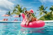 A dog with hawaiian costume floating in a pool on an inflatable flamingo, Summer background