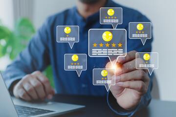 Poster - Hand touch comment with smile face icon for best excellent customer service satisfaction survey feedback for business review rating and finance digital marketing poll or user comment concepts.