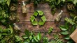 Recycle symbol with leaf on wooden table background. Save the green planet concept.